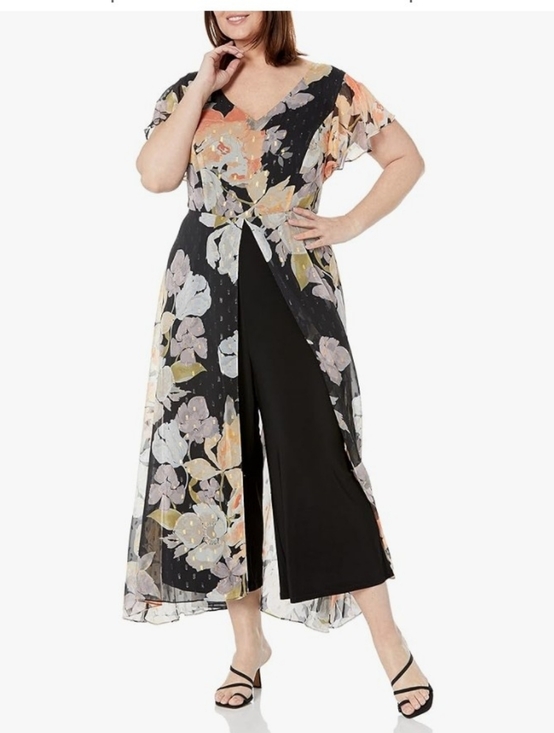 Adrianna Papell Pants - Adrianna Papell Women's Black Jumpsuit Floral Overlay  Gold Accents  New 26 W